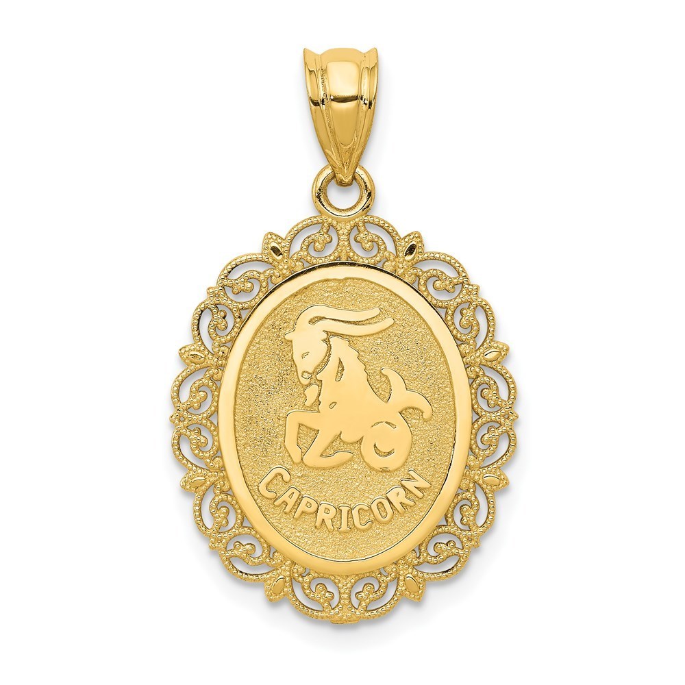 Million Charms 14k Yellow Gold Solid Satin Capricorn Zodiac Oval Charm Pendant